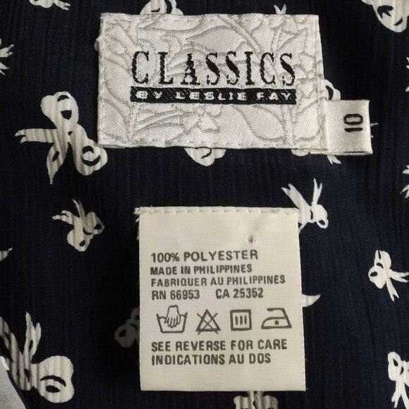 LESLIE FAY Dress, 10, Navy Blue/Bow Print, Sheer layered Collar, Wrap Front - Picture 9 of 14